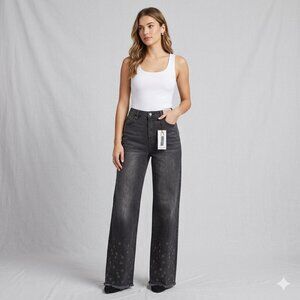 BCBGeneration Ultra High Rise Wide Leg Jeans Studded Hem Black Gray Sz 9/29